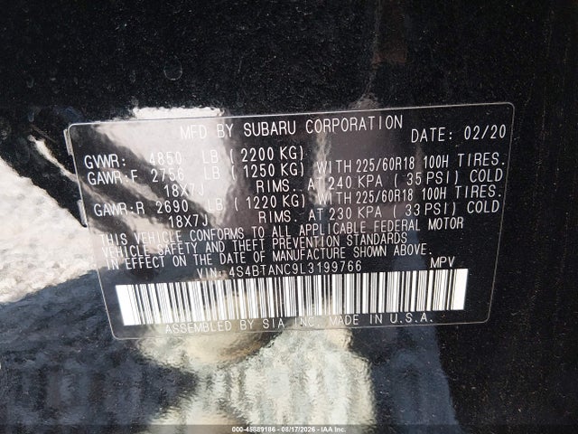 Продаж на аукціоні авто 2020 Subaru Outback Limited, vin: 4S4BTANC9L3199766, номер лоту: 45889186
