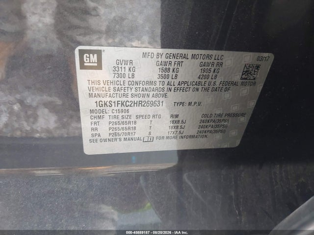 Продаж на аукціоні авто 2017 Gmc Yukon Xl Sle, vin: 1GKS1FKC2HR269631, номер лоту: 45889187