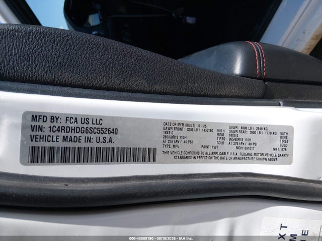2025 Dodge Durango Gt Rwd მანქანა იყიდება აუქციონზე, vin: 1C4RDHDG6SC552640, აუქციონის ნომერი: 45889190