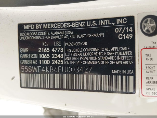 Продаж на аукціоні авто 2015 Mercedes-benz C 300 4matic, vin: 55SWF4KB6FU003427, номер лоту: 45889195