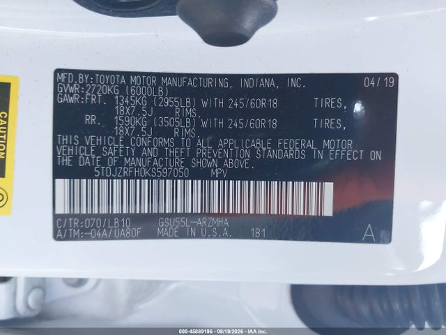 5TDJZRFH0KS597050 Toyota Highlander Xle