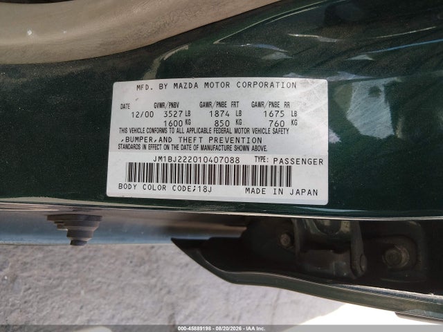 Aukcja sprzedaży 2001 Mazda Protege Dx/lx, vin: JM1BJ222010407088, numer aukcji: 45889198