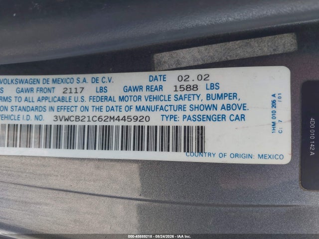2002 Volkswagen New Beetle Gls მანქანა იყიდება აუქციონზე, vin: 3VWCB21C62M445920, აუქციონის ნომერი: 45889218