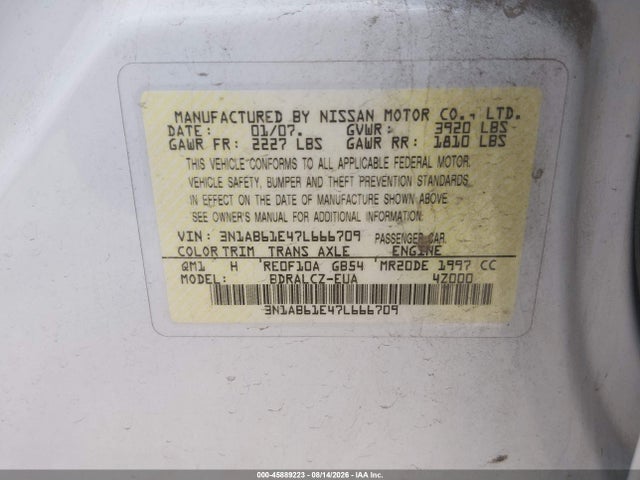 Aukcja sprzedaży 2007 Nissan Sentra 2.0, vin: 3N1AB61E47L666709, numer aukcji: 45889223