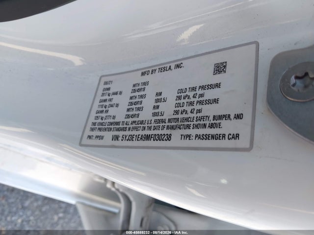 Aukcja sprzedaży 2021 Tesla Model 3 Standard Range Plus Rear-wheel Drive, vin: 5YJ3E1EA9MF030238, numer aukcji: 45889232