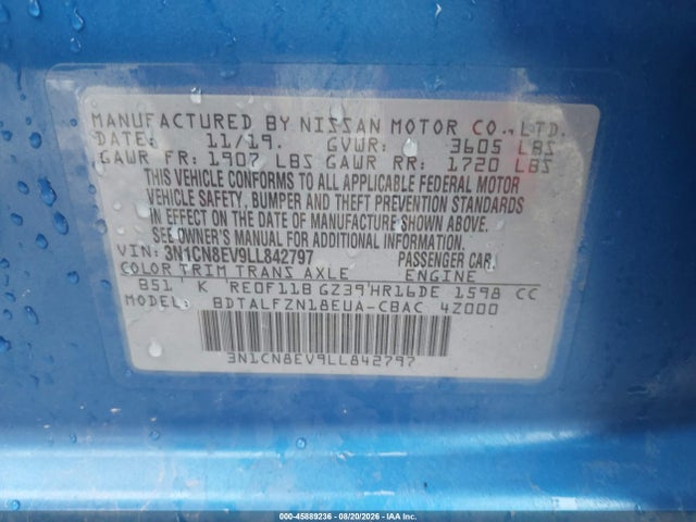 Продажа на аукционе авто 2020 Nissan Versa Sv Xtronic Cvt, vin: 3N1CN8EV9LL842797, номер лота: 45889236