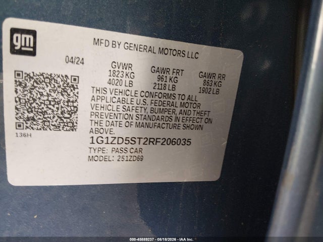 45889237 :رقم المزاد ، 1G1ZD5ST2RF206035 vin ، 2024 Chevrolet Malibu Fwd 1lt مزاد بيع
