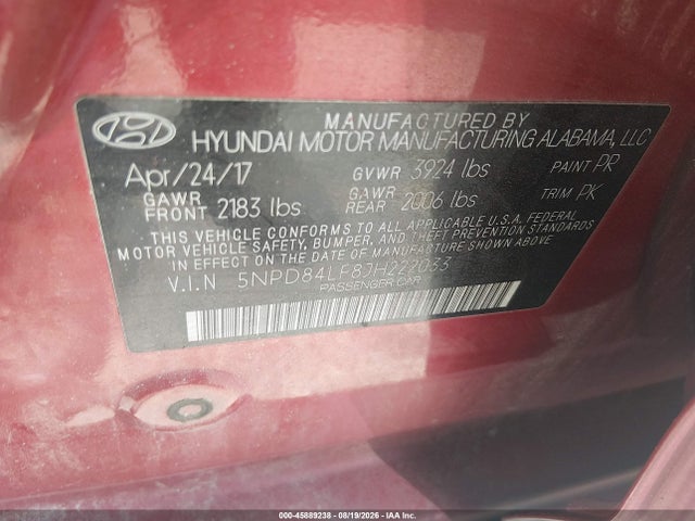 Aukcja sprzedaży 2018 Hyundai Elantra Sel, vin: 5NPD84LF8JH222033, numer aukcji: 45889238
