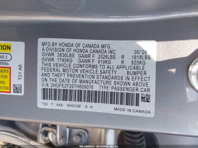 45889243 :رقم المزاد ، 2HGFE2F26TH609076 vin ، 2026 Honda Civic Lx مزاد بيع