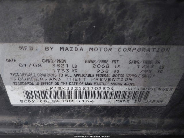 Продажа на аукционе авто 2008 Mazda Mazda3 I Sport, vin: JM1BK32G581102804, номер лота: 45889248