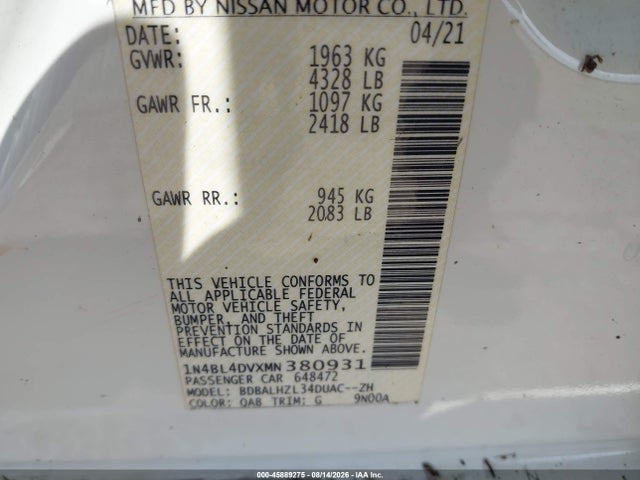 2021 Nissan Altima Sv Fwd მანქანა იყიდება აუქციონზე, vin: 1N4BL4DVXMN380931, აუქციონის ნომერი: 45889275