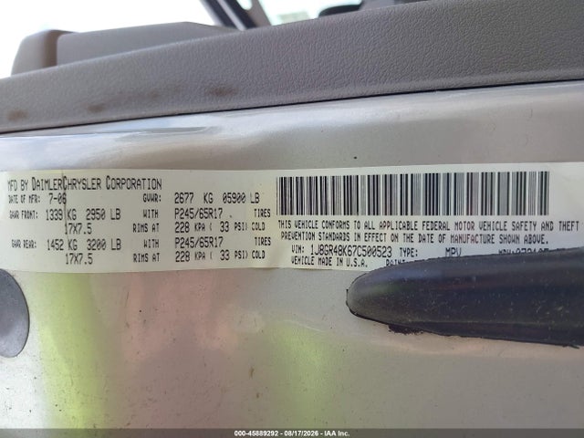 Продаж на аукціоні авто 2007 Jeep Grand Cherokee Laredo, vin: 1J8GR48K67C500523, номер лоту: 45889292