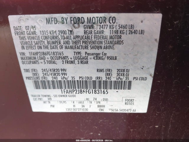 Ford Taurus Limited 2015 1FAHP2J86FG183165 Image 9