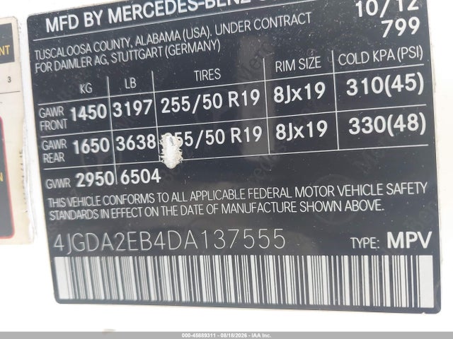 45889311 :رقم المزاد ، 4JGDA2EB4DA137555 vin ، 2013 Mercedes-benz Ml 350 Bluetec 4matic مزاد بيع