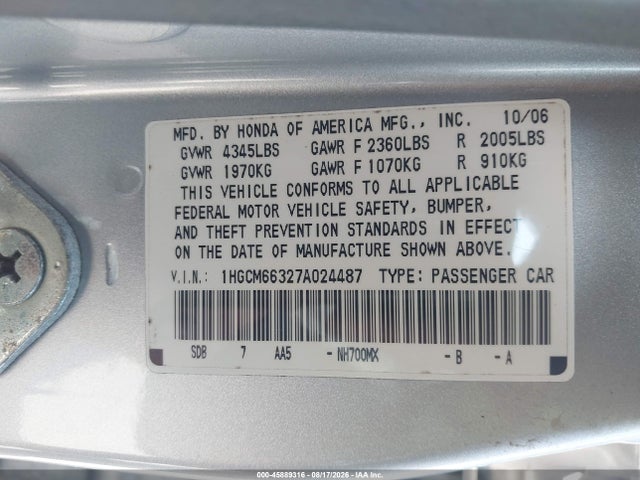 Продажа на аукционе авто 2007 Honda Accord 3.0 Lx, vin: 1HGCM66327A024487, номер лота: 45889316