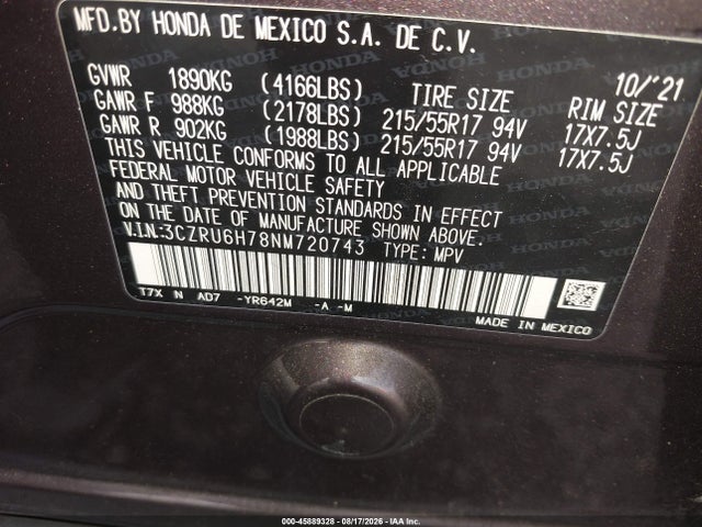 Продаж на аукціоні авто 2022 Honda Hr-v Awd Ex-l, vin: 3CZRU6H78NM720743, номер лоту: 45889328