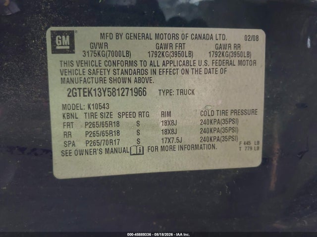 Aukcja sprzedaży 2008 Gmc Sierra 1500 Slt, vin: 2GTEK13Y581271966, numer aukcji: 45889336