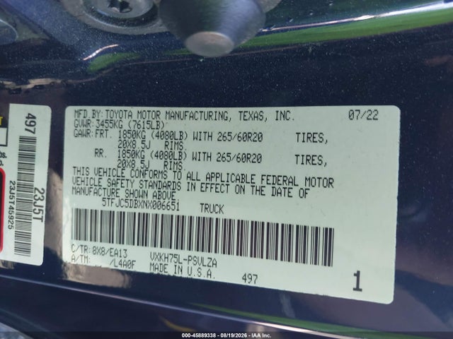2022 Toyota Tundra Hybrid Limited მანქანა იყიდება აუქციონზე, vin: 5TFJC5DBXNX006651, აუქციონის ნომერი: 45889338