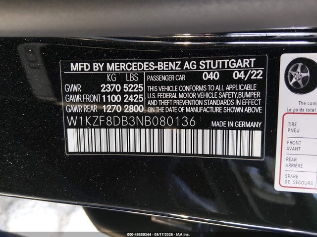 Aukcja sprzedaży 2022 Mercedes-benz E 350, vin: W1KZF8DB3NB080136, numer aukcji: 45889344