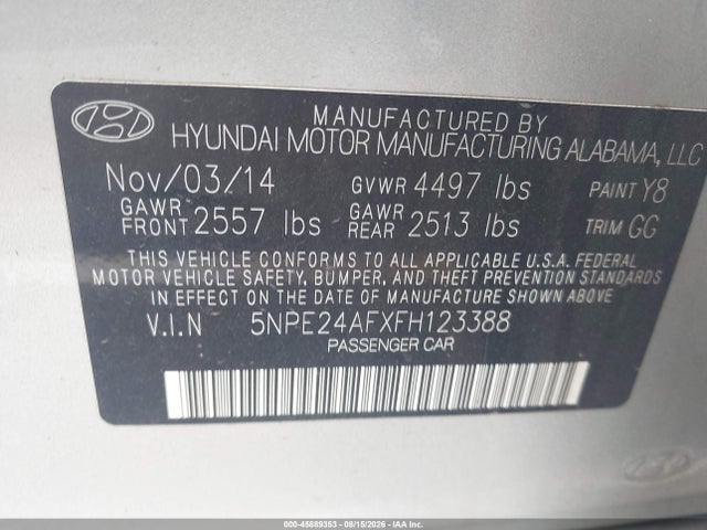 Aukcja sprzedaży 2015 Hyundai Sonata Se, vin: 5NPE24AFXFH123388, numer aukcji: 45889353