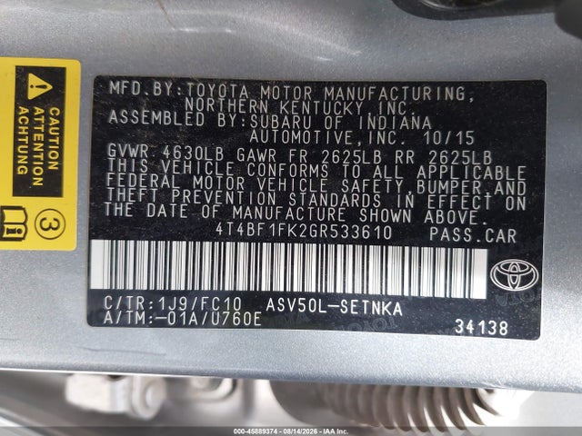 2016 Toyota Camry Le მანქანა იყიდება აუქციონზე, vin: 4T4BF1FK2GR533610, აუქციონის ნომერი: 45889374