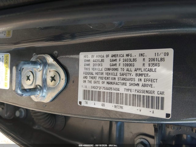 Aukcja sprzedaży 2010 Honda Accord 2.4 Ex, vin: 1HGCP2F75AA051404, numer aukcji: 45889392