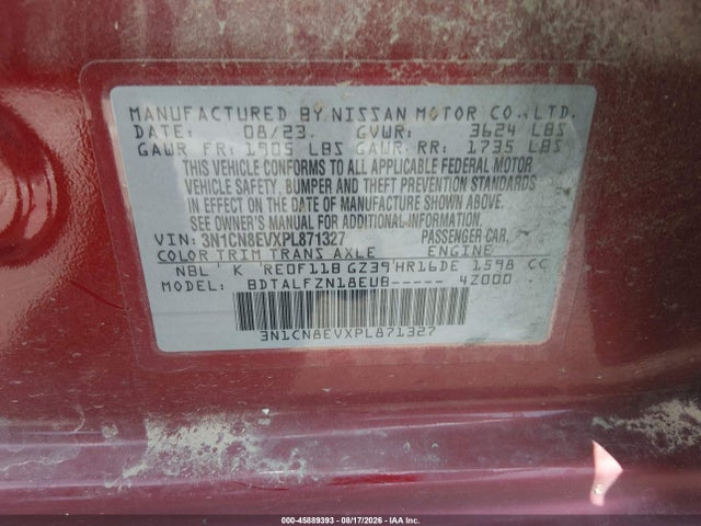 Продаж на аукціоні авто 2023 Nissan Versa 1.6 Sv Xtronic Cvt, vin: 3N1CN8EVXPL871327, номер лоту: 45889393