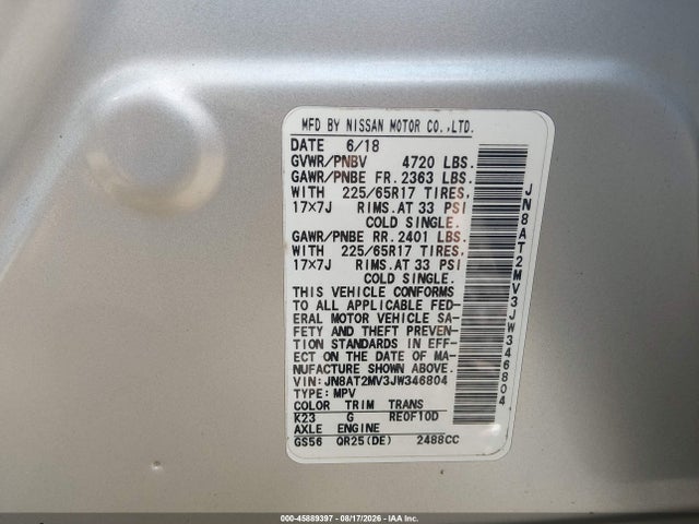 45889397 :رقم المزاد ، JN8AT2MV3JW346804 vin ، 2018 Nissan Rogue Sv مزاد بيع
