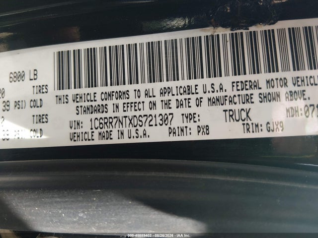 2013 Ram 1500 Laramie მანქანა იყიდება აუქციონზე, vin: 1C6RR7NTXDS721307, აუქციონის ნომერი: 45889402