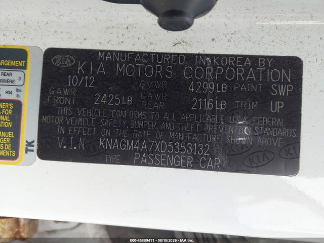 Aukcja sprzedaży 2013 Kia Optima Lx, vin: KNAGM4A7XD5353132, numer aukcji: 45889411