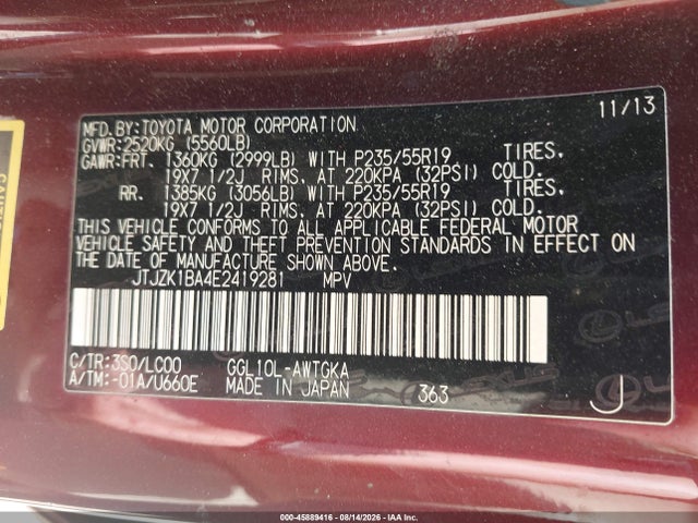 Продажа на аукционе авто 2014 Lexus Rx 350, vin: JTJZK1BA4E2419281, номер лота: 45889416