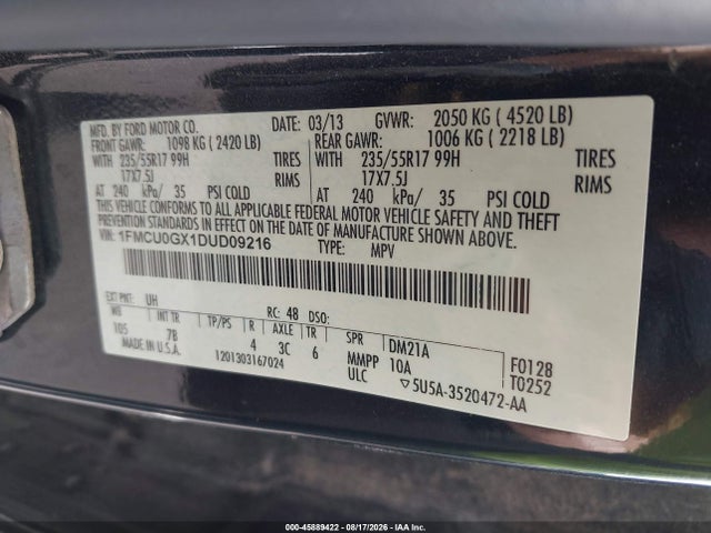 2013 Ford Escape Se მანქანა იყიდება აუქციონზე, vin: 1FMCU0GX1DUD09216, აუქციონის ნომერი: 45889422