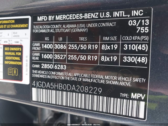 45889431 :رقم المزاد ، 4JGDA5HB0DA208229 vin ، 2013 Mercedes-benz Ml 350 4matic مزاد بيع