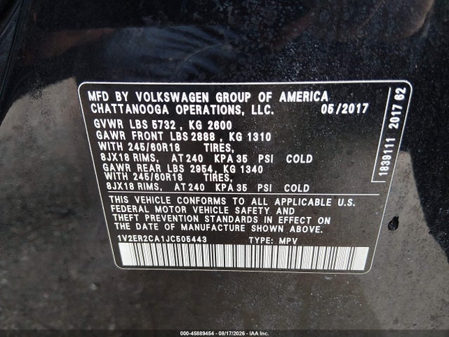 2018 Volkswagen Atlas 3.6l V6 Sel მანქანა იყიდება აუქციონზე, vin: 1V2ER2CA1JC505443, აუქციონის ნომერი: 45889454