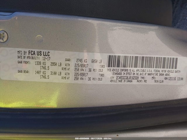 45889466 :رقم المزاد ، 2C4RDGCG8JR162320 vin ، 2018 Dodge Grand Caravan Sxt مزاد بيع