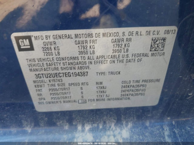 Продаж на аукціоні авто 2014 Gmc Sierra 1500 Sle, vin: 3GTU2UEC7EG194387, номер лоту: 45889476