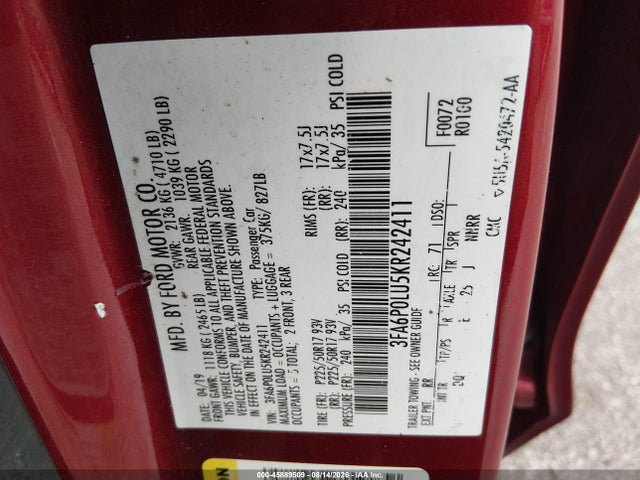 2019 Ford Fusion Hybrid Se მანქანა იყიდება აუქციონზე, vin: 3FA6P0LU5KR242411, აუქციონის ნომერი: 45889509