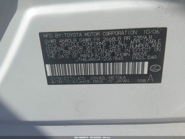 Продаж на аукціоні авто 2007 Lexus Es 350, vin: JTHBJ46G472067845, номер лоту: 45889512