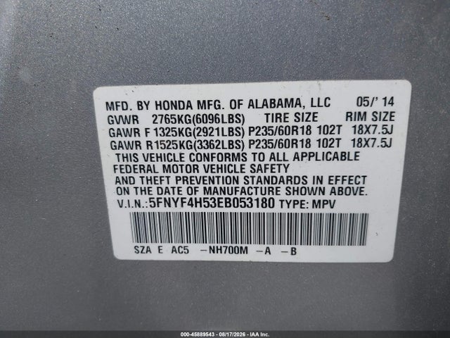 Aukcja sprzedaży 2014 Honda Pilot Ex-l, vin: 5FNYF4H53EB053180, numer aukcji: 45889543