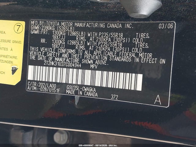 45889547 :رقم المزاد ، 2T2HK31U37C004944 vin ، 2007 Lexus Rx 350 مزاد بيع