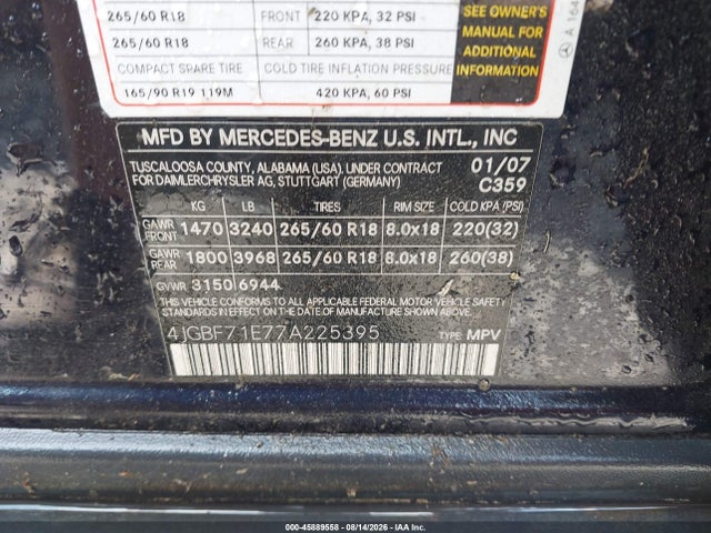 45889558 :رقم المزاد ، 4JGBF71E77A225395 vin ، 2007 Mercedes-benz Gl 450 4matic مزاد بيع