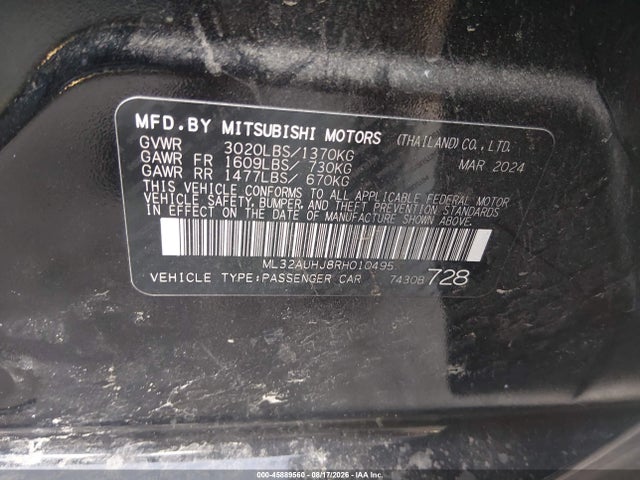 Aukcja sprzedaży 2024 Mitsubishi Mirage Es/le, vin: ML32AUHJ8RH010495, numer aukcji: 45889560