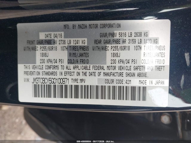 Продажа на аукционе авто 2016 Mazda Cx-9 Touring, vin: JM3TCBCY5G0100971, номер лота: 45889584