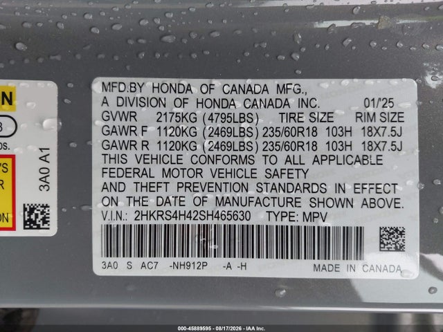 Продаж на аукціоні авто 2025 Honda Cr-v Ex Awd, vin: 2HKRS4H42SH465630, номер лоту: 45889595