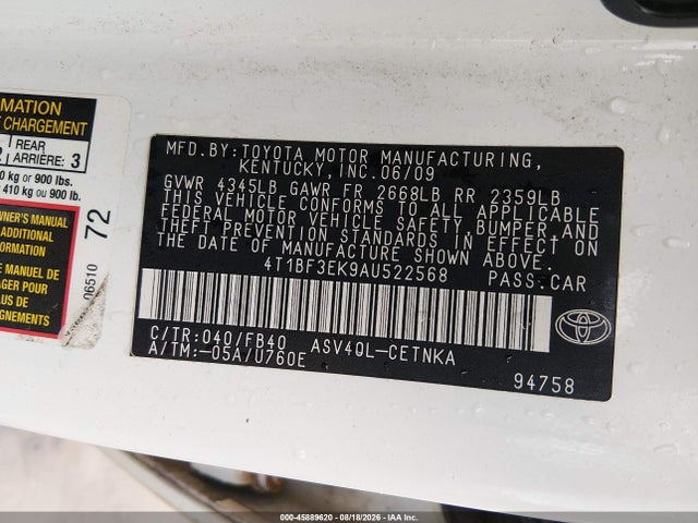 2010 Toyota Camry Le მანქანა იყიდება აუქციონზე, vin: 4T1BF3EK9AU522568, აუქციონის ნომერი: 45889620