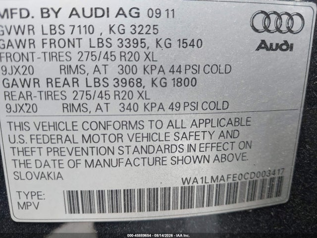 45889654 :رقم المزاد ، WA1LMAFE0CD003417 vin ، 2012 Audi Q7 3.0 Tdi Premium مزاد بيع