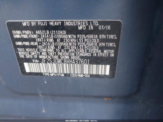 45889658 :رقم المزاد ، JF2SJGWC8HH437601 vin ، 2017 Subaru Forester 2.0xt Touring مزاد بيع