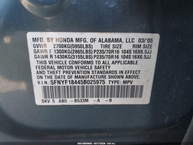 Продаж на аукціоні авто 2005 Honda Pilot Ex, vin: 5FNYF18445B025975, номер лоту: 45889668