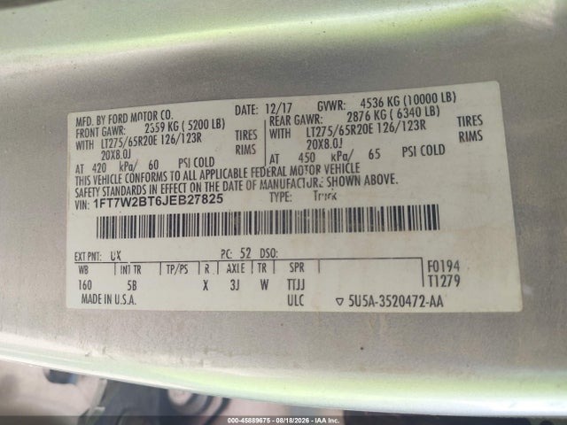 Aukcja sprzedaży 2018 Ford F-250 Lariat, vin: 1FT7W2BT6JEB27825, numer aukcji: 45889675