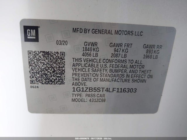 Продаж на аукціоні авто 2020 Chevrolet Malibu Fwd Ls, vin: 1G1ZB5ST4LF116303, номер лоту: 45889678